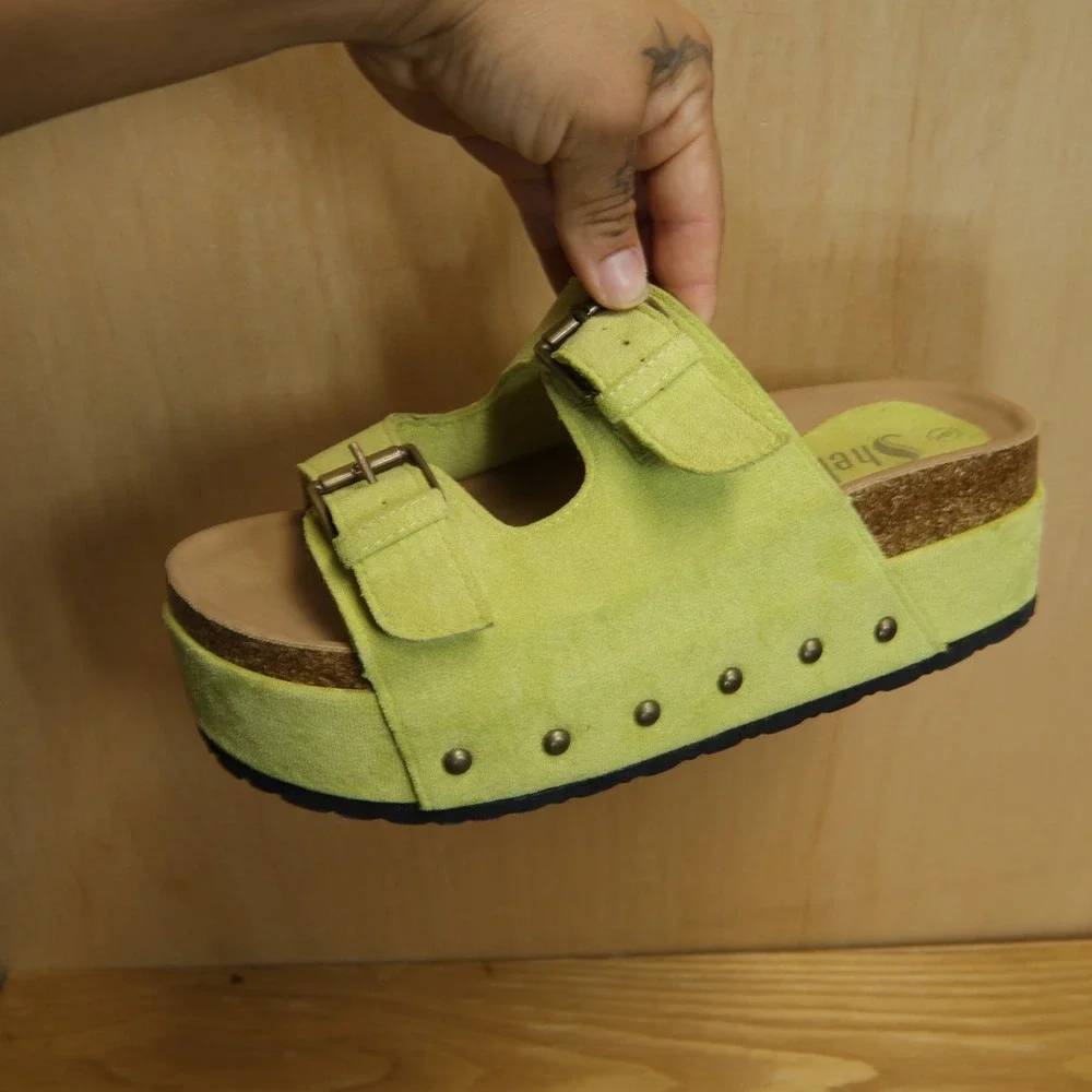 Shein Lime Green Faux Suede Platform Sandals Studded Double Strap Slides Size 9